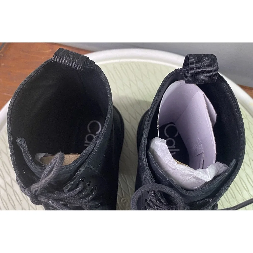 Calvin Klein Men Lorenzo Leather Lace Up Black Ankle Combat Boots Black Biker 8M